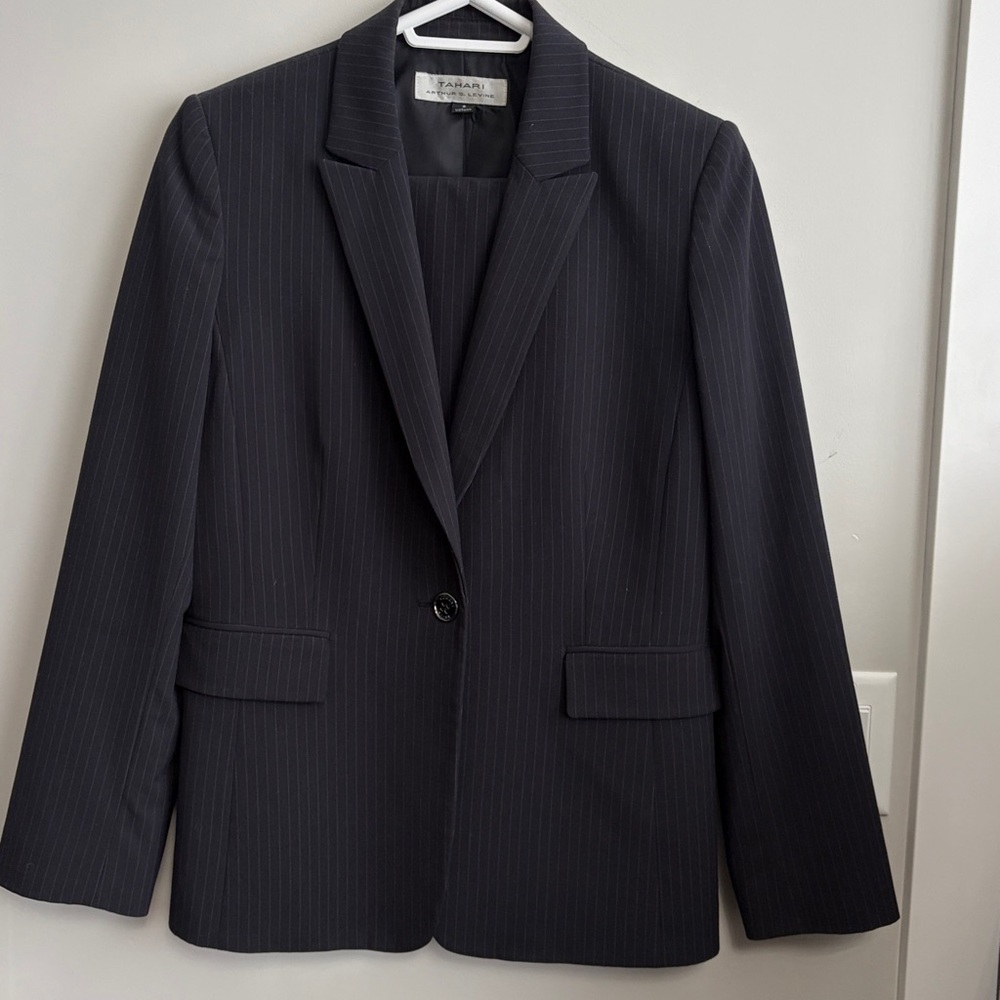 Tahari Navy Pinstripe Power Blazer And Skirt Set